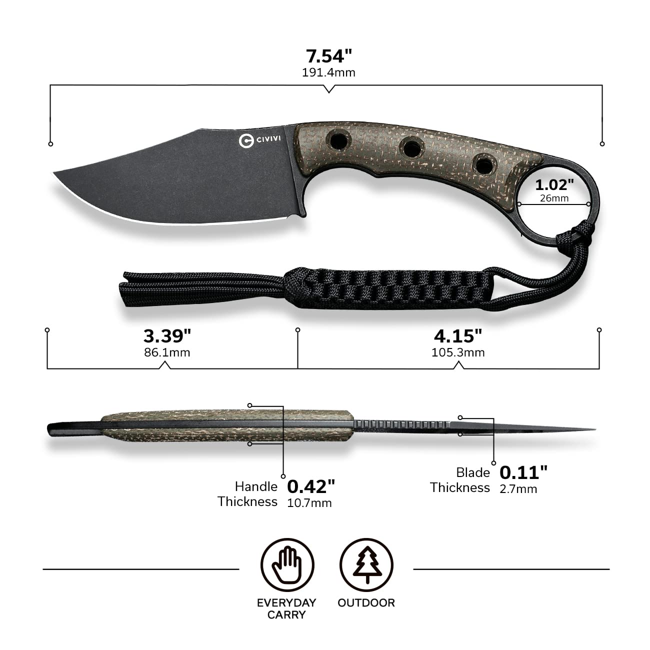 CIVIVI Midwatch Fixed Blade Knife, 3.39" Blade, with Kydex Sheath and Black Tied Paracord Lanyard C20059B - Image 6